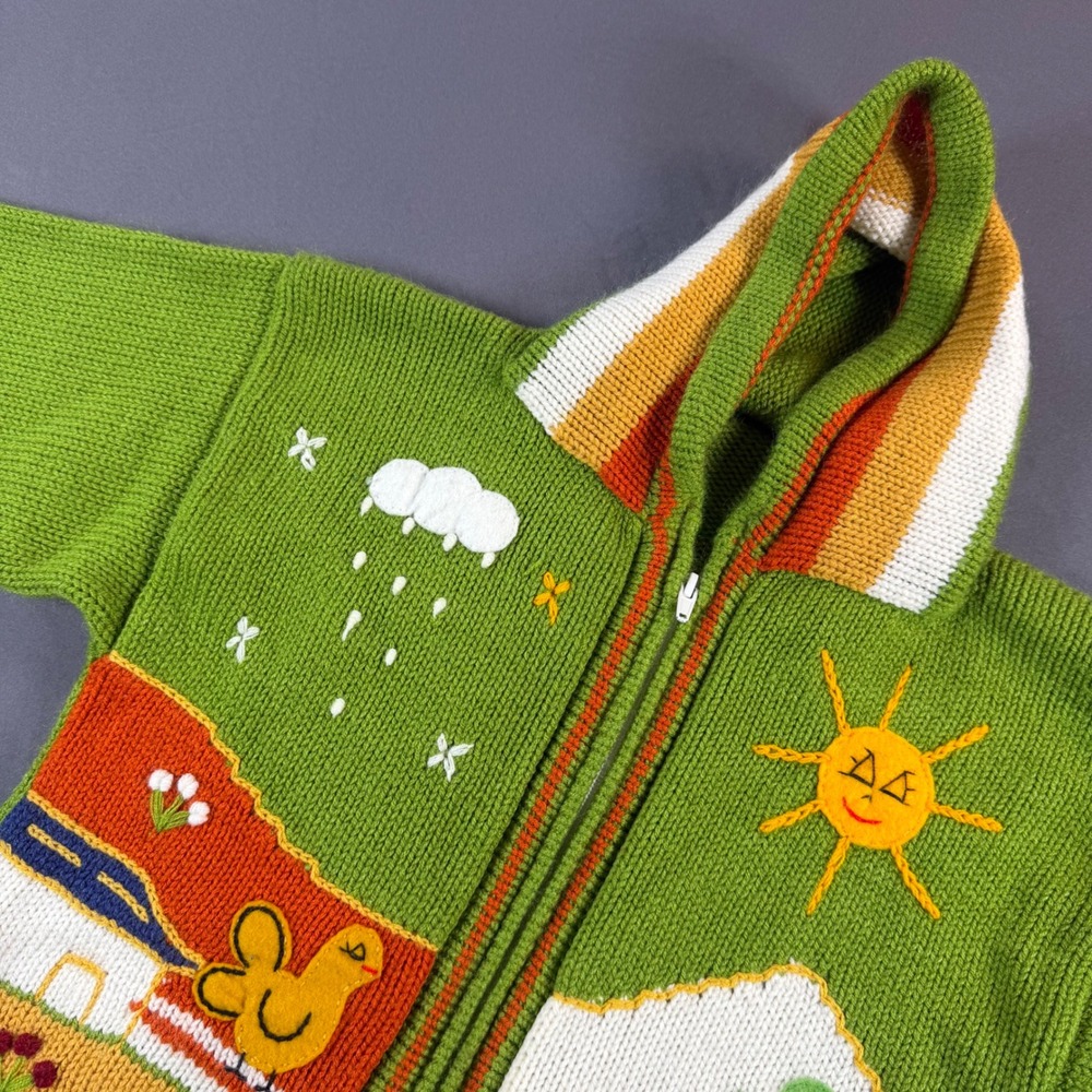Peruvian Hand Knit Kids Hooded Sweater Green Farm Scene Llama Bunny Zip Up